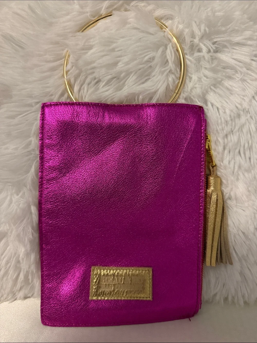 Beau & Ro Fuchsia Metallic Wristlet with Gold Accents
